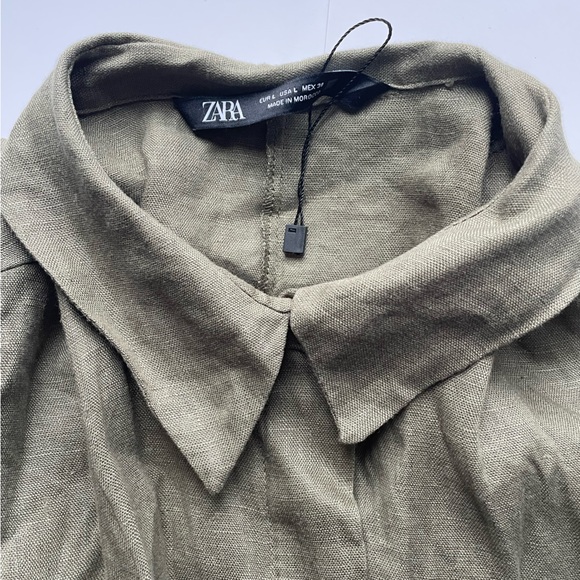 Zara Linen Top Olive Green Drawstring Waist Shirt Large - Picture 6 of 10